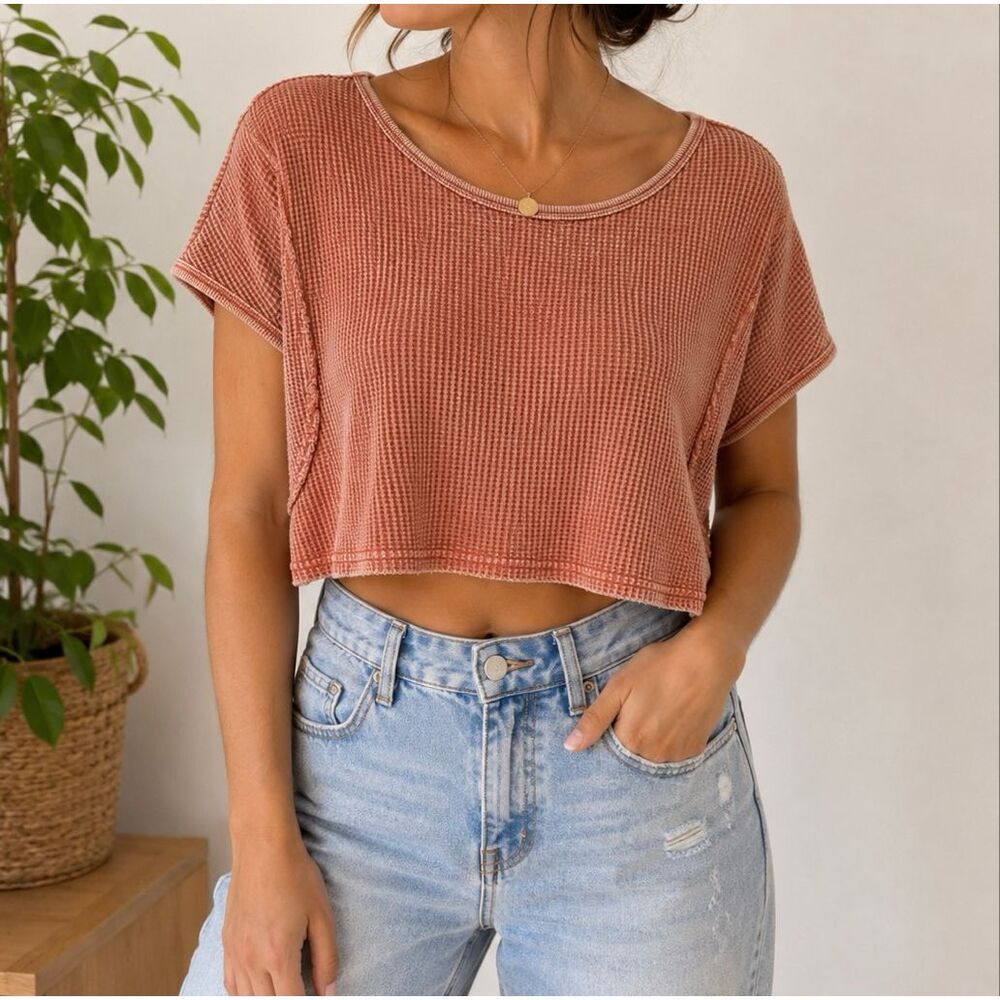 Easel Waffle Knit Open Back Tie Crop Top Size S Dusty Rose Boho